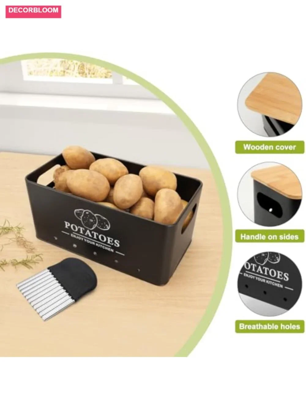 Metal Vegetable Storage Set of 3 Kitchen Canisters with Bamboo Lids, Aerating